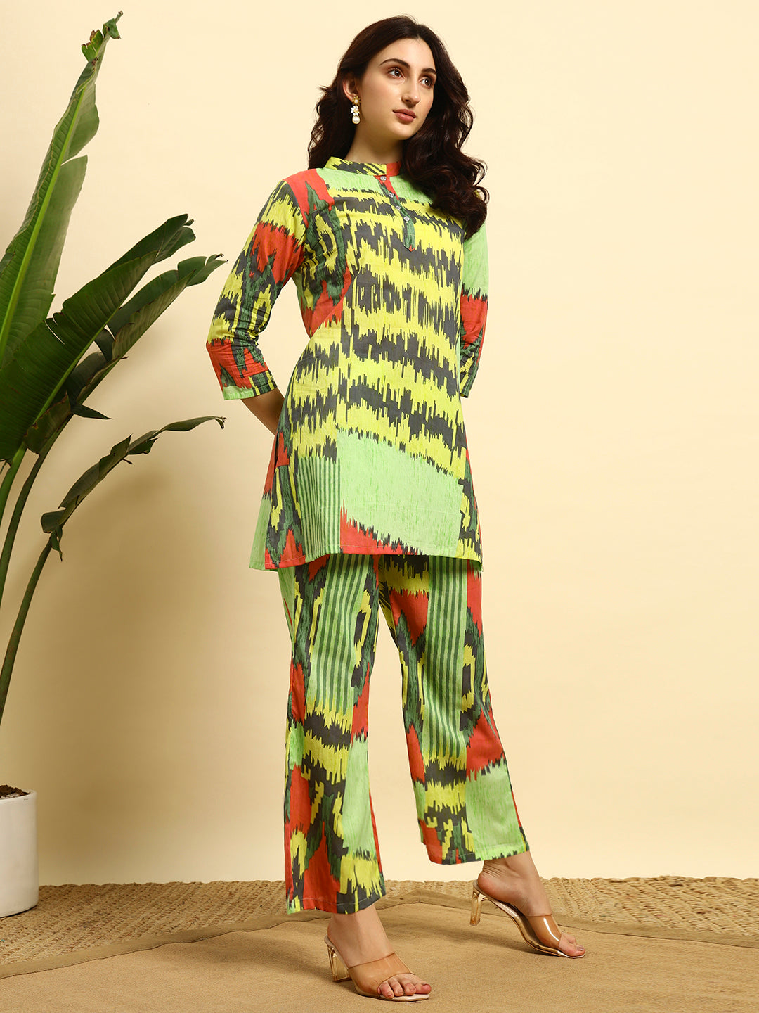 Women’s Lime Green Abstract Printed Kurta & Pant Co-Ord Set
