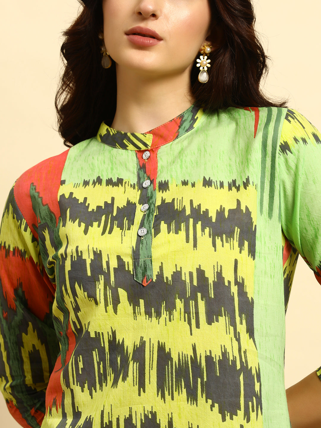 Women’s Lime Green Abstract Printed Kurta & Pant Co-Ord Set