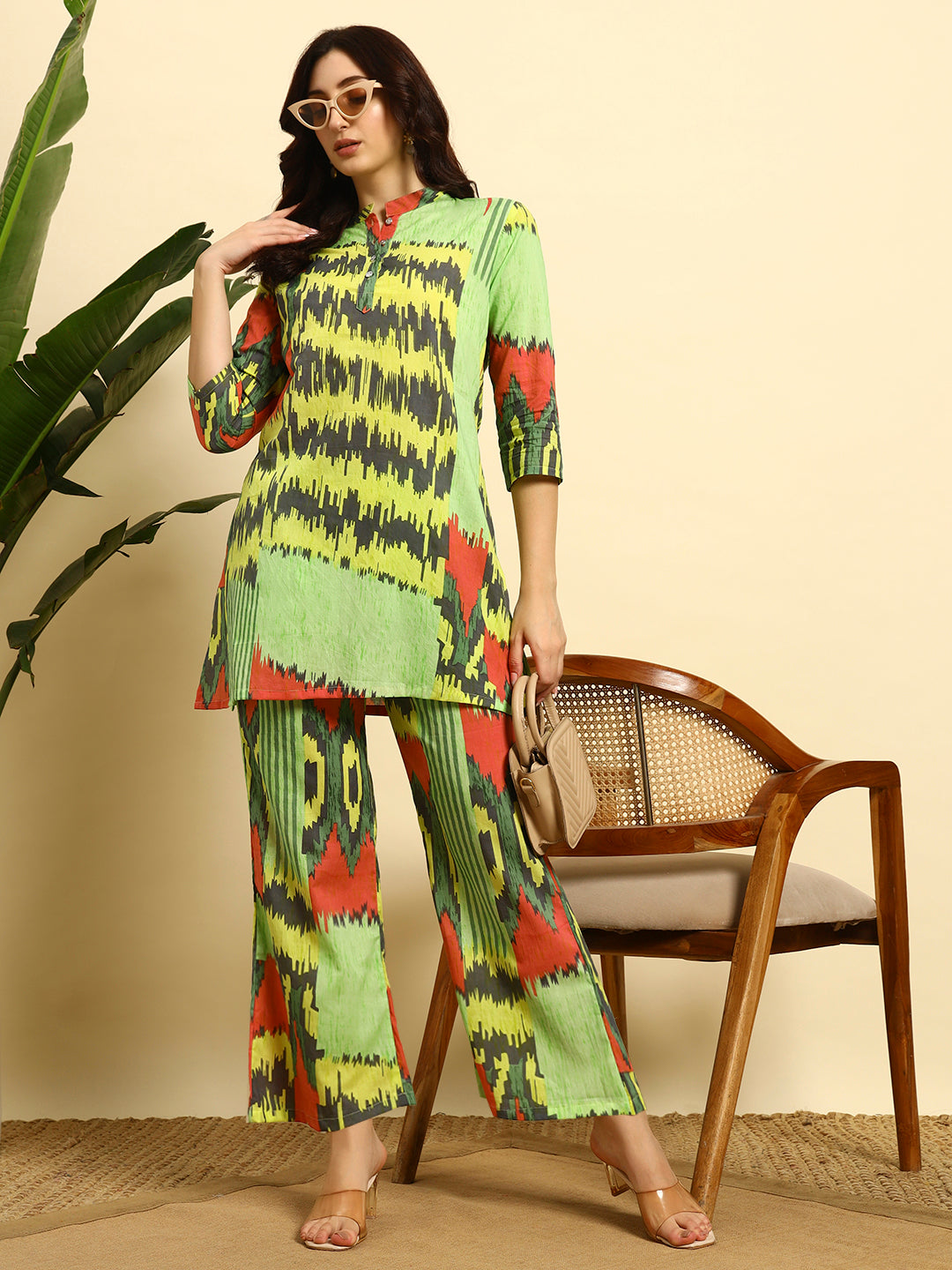 Women’s Lime Green Abstract Printed Kurta & Pant Co-Ord Set
