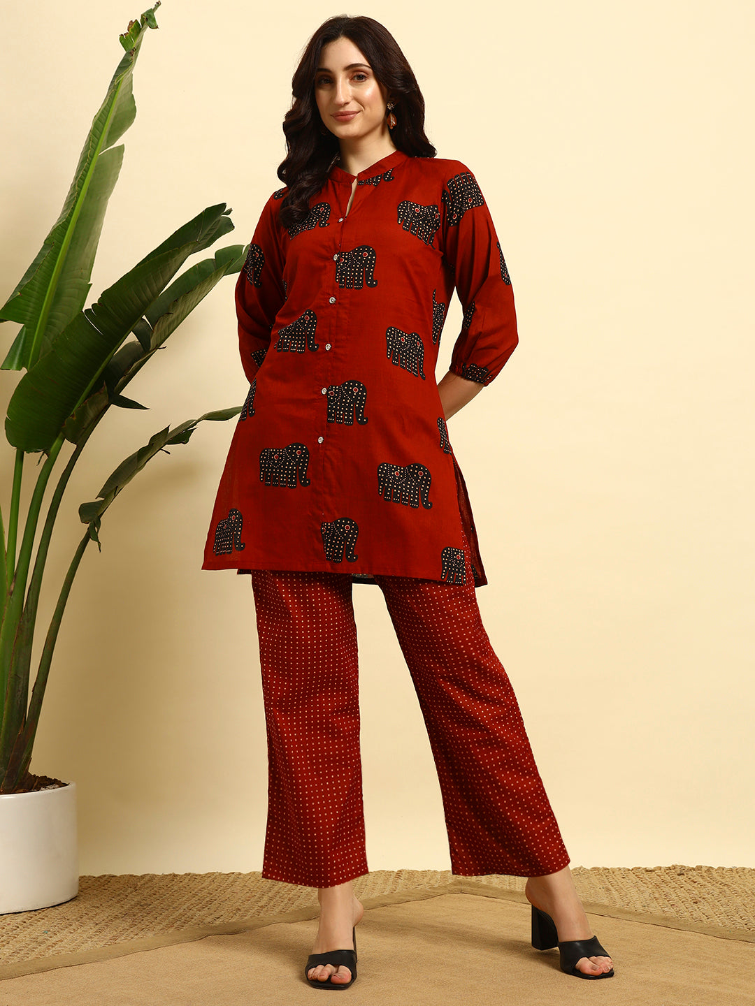Women’s Rust Red Elephant Printed Night Suit Co-Ord Set