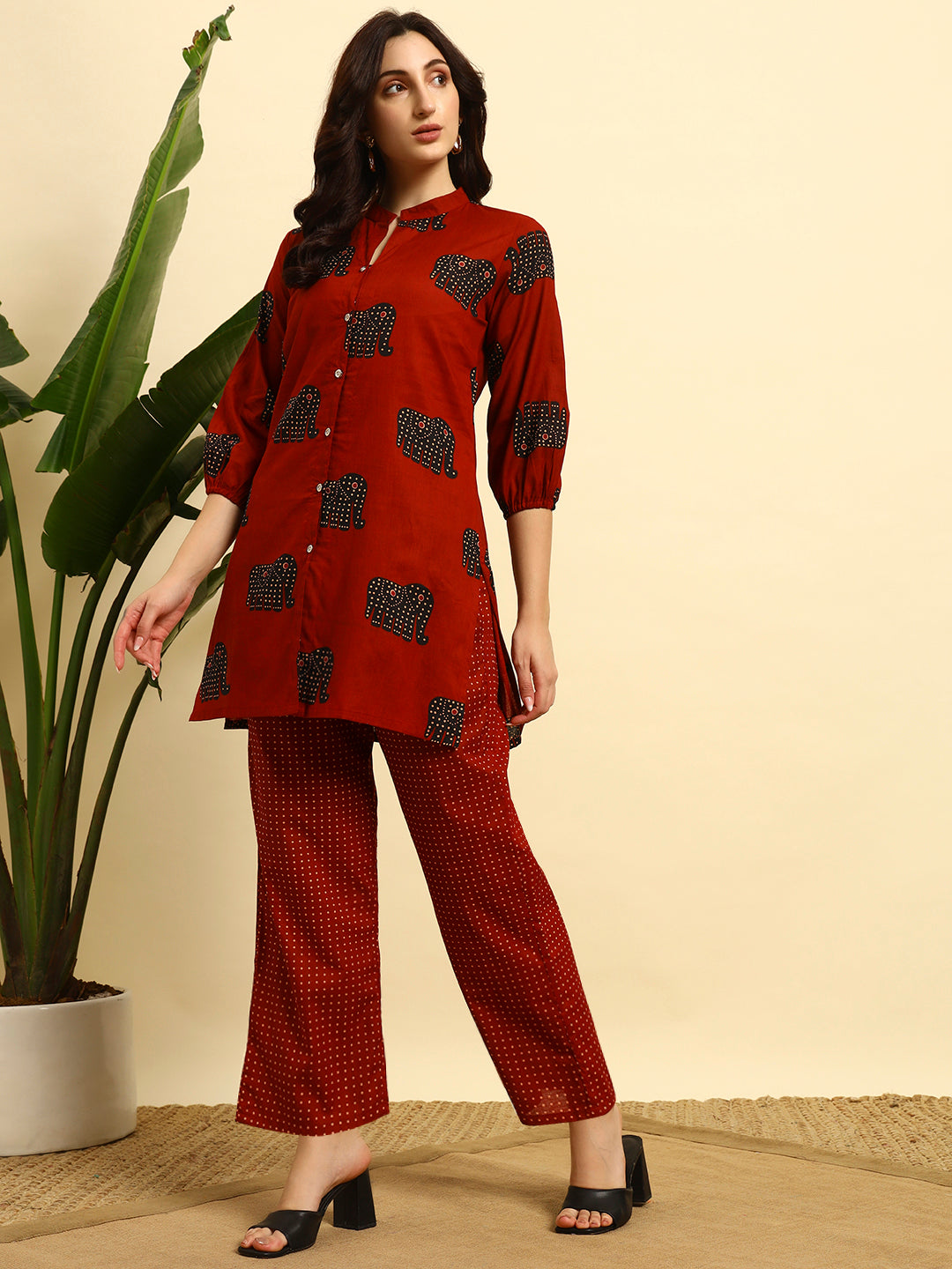 Women’s Rust Red Elephant Printed Night Suit Co-Ord Set
