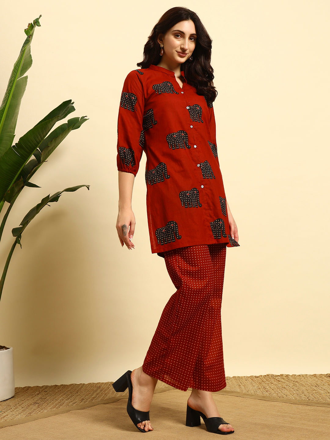 Women’s Rust Red Elephant Printed Night Suit Co-Ord Set