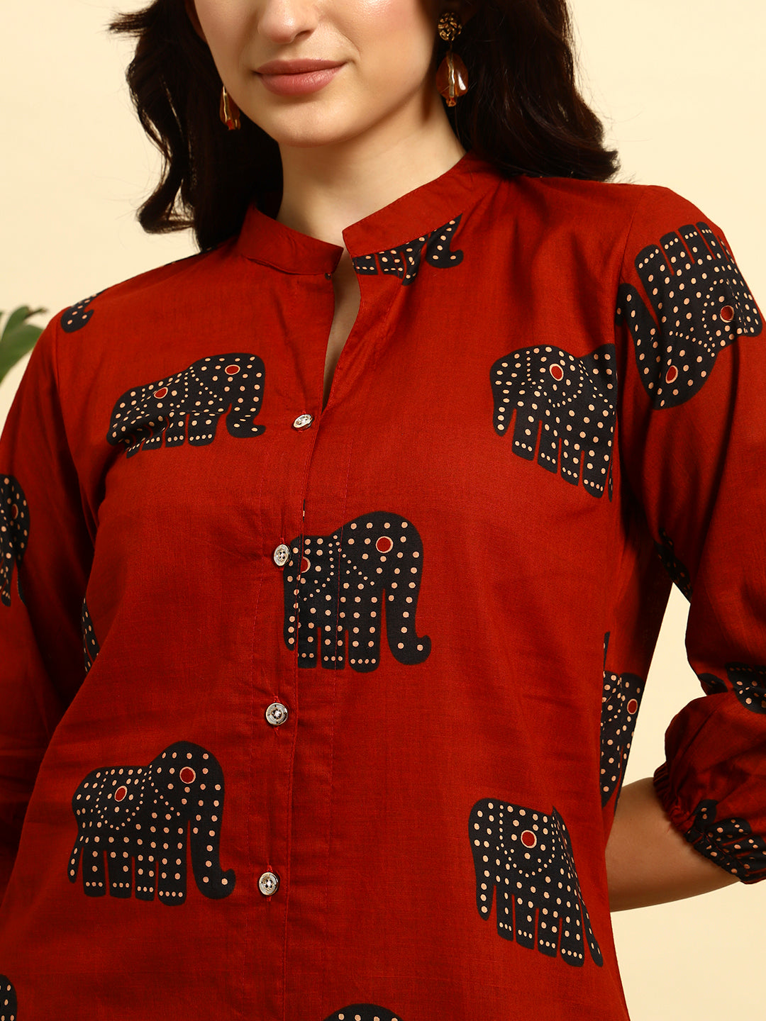 Women’s Rust Red Elephant Printed Night Suit Co-Ord Set