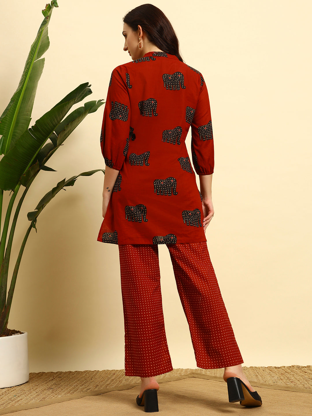 Women’s Rust Red Elephant Printed Night Suit Co-Ord Set