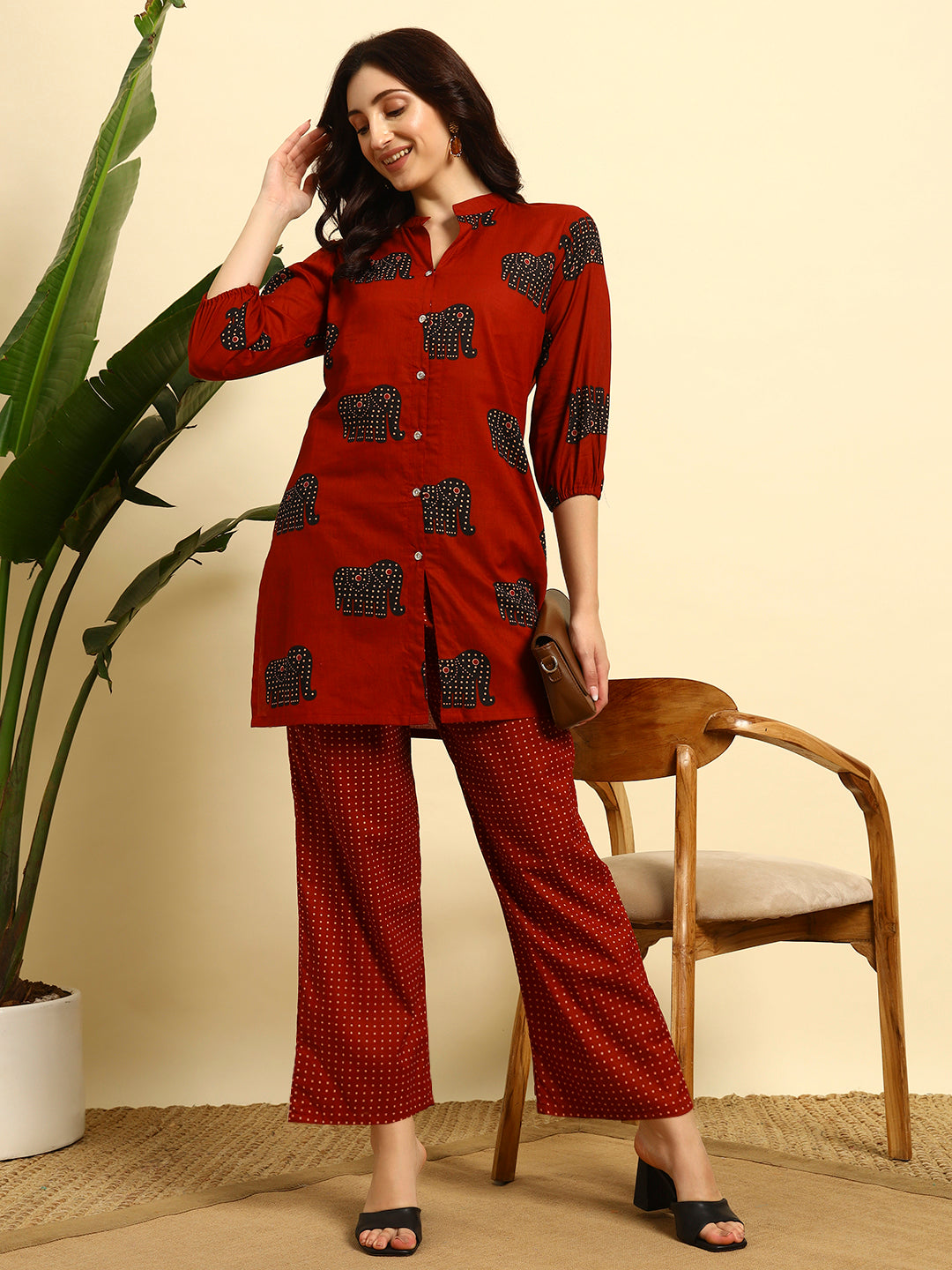 Women’s Rust Red Elephant Printed Night Suit Co-Ord Set