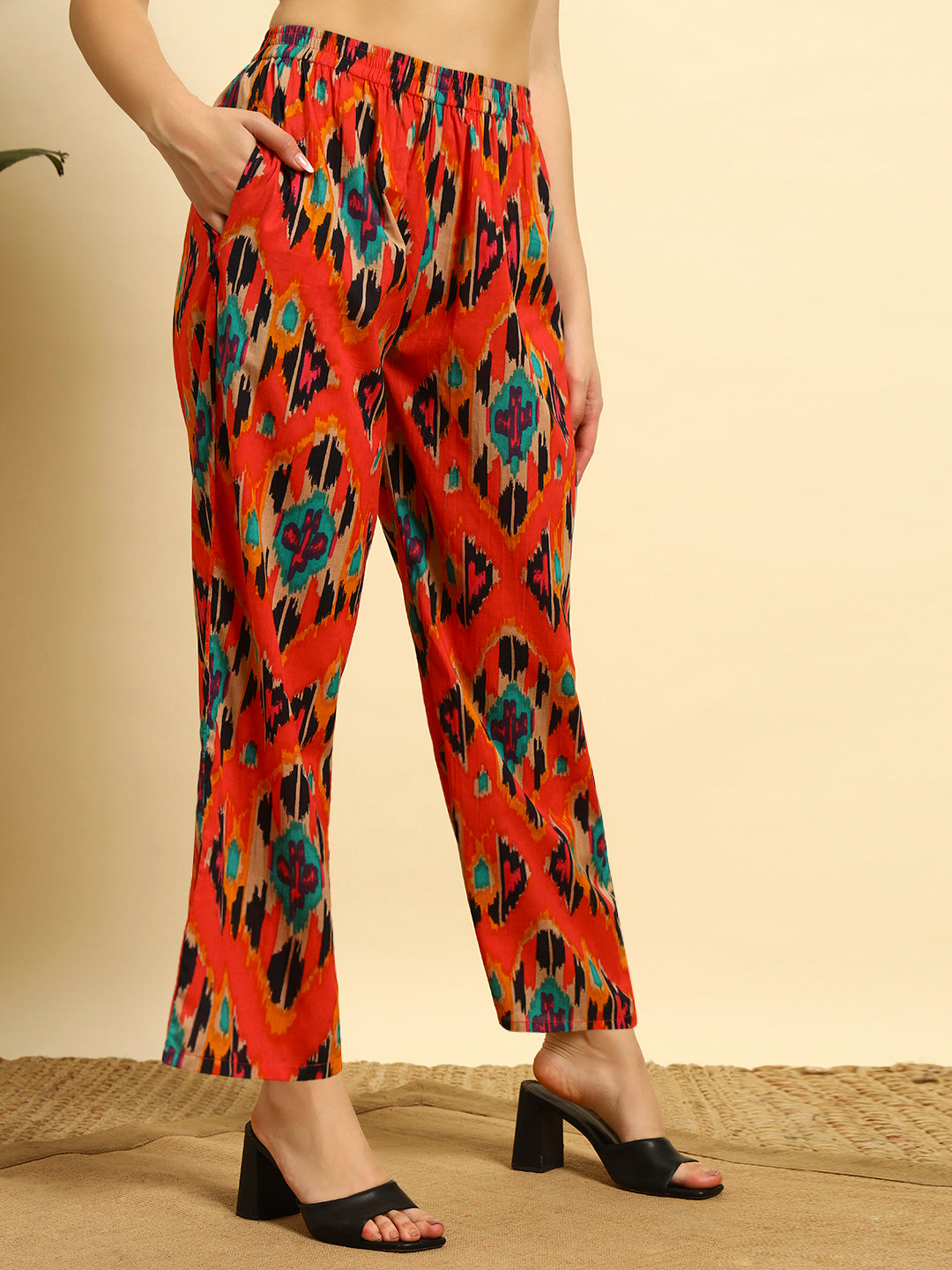 Women’s Red Ikat Printed Kurta Set with Pants