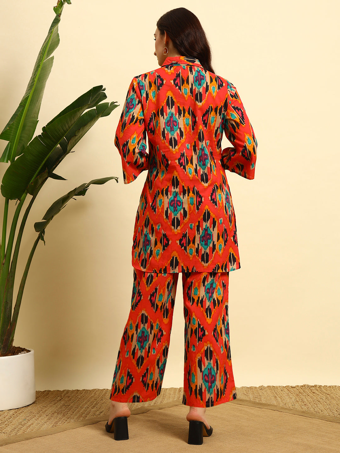 Women’s Red Ikat Printed Kurta Set with Pants