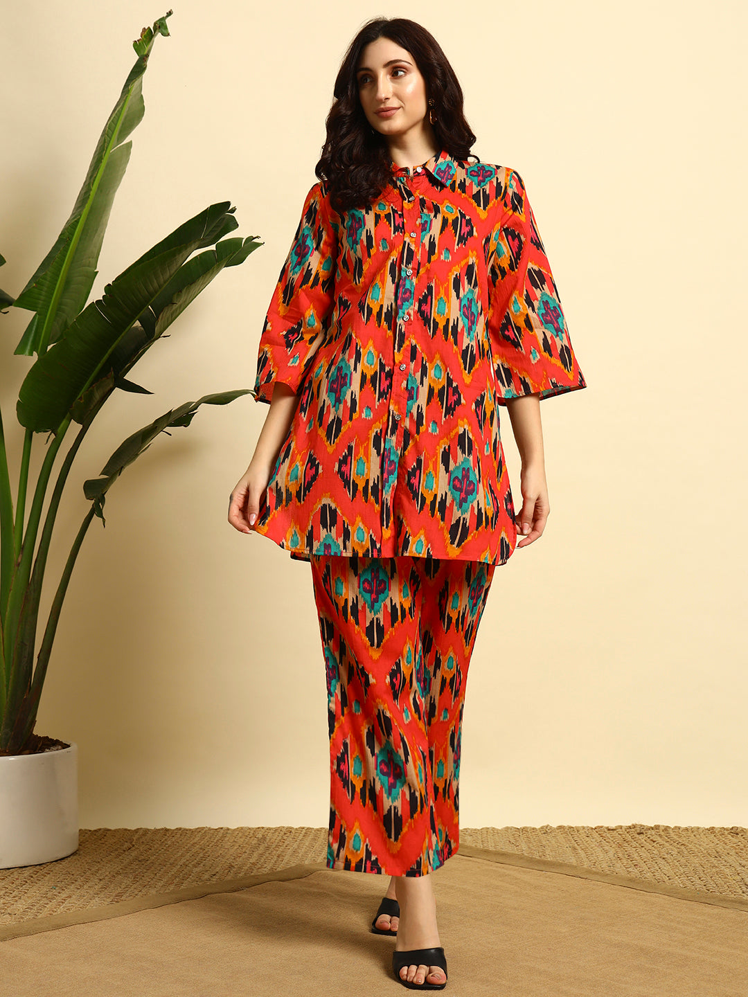 Women’s Red Ikat Printed Kurta Set with Pants