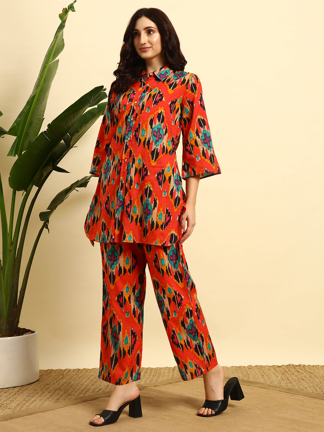 Women’s Red Ikat Printed Kurta Set with Pants