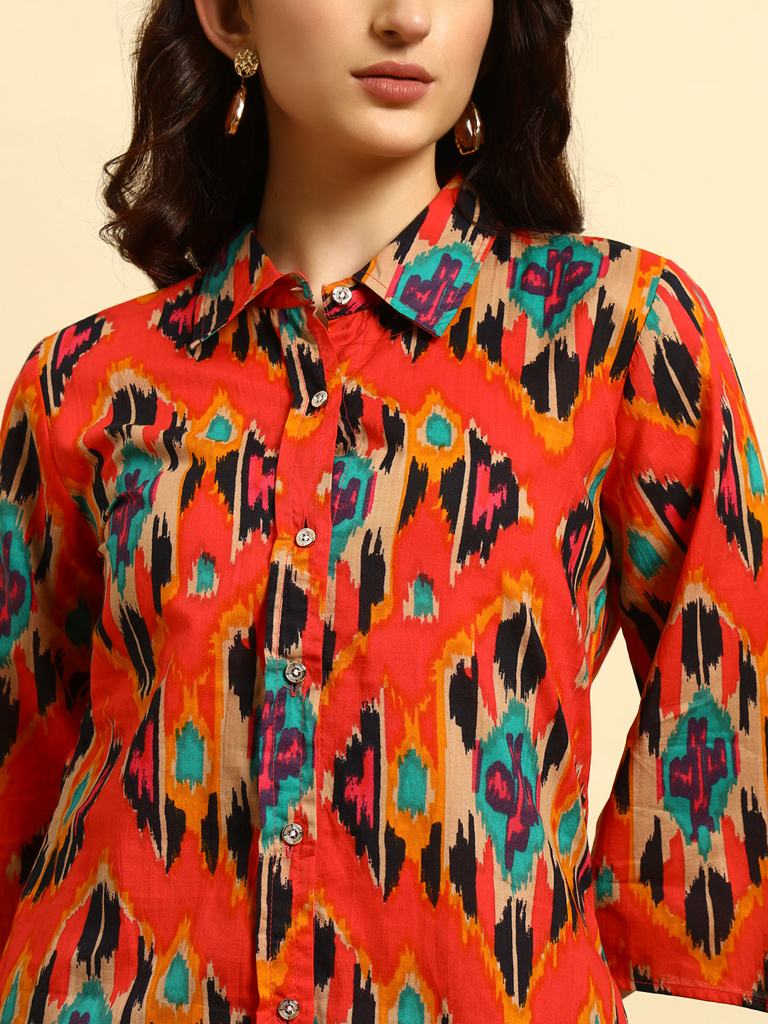 Women’s Red Ikat Printed Kurta Set with Pants
