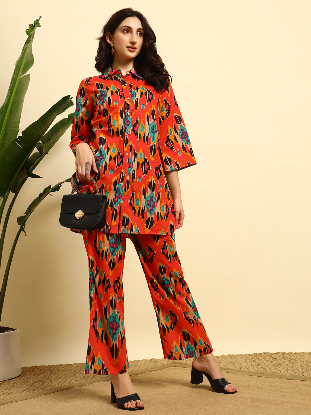 Women’s Red Ikat Printed Kurta Set with Pants
