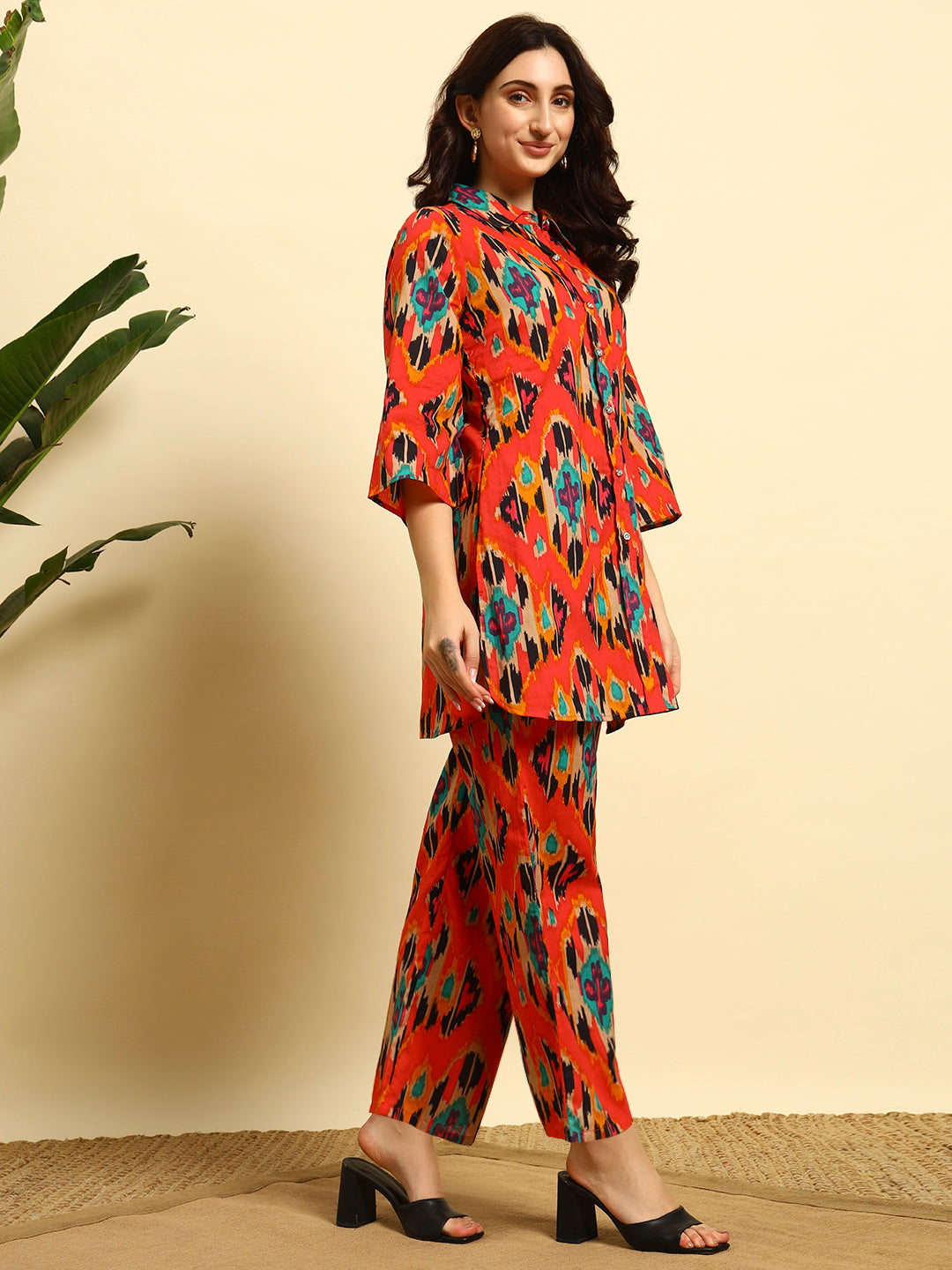 Women’s Red Ikat Printed Kurta Set with Pants