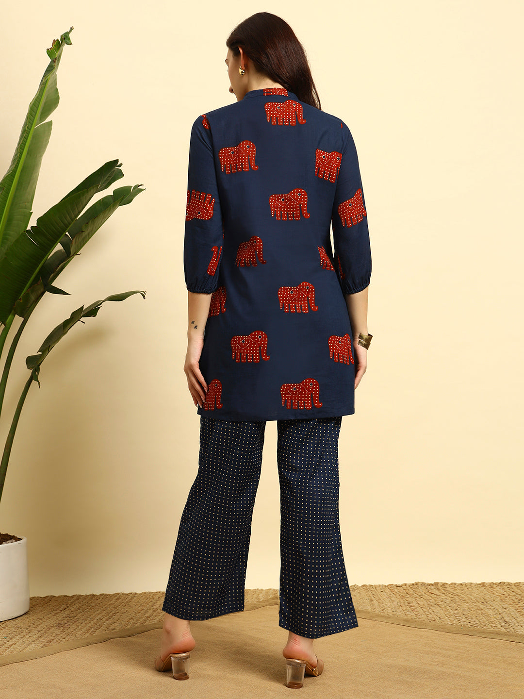 💙 Women’s Elephant Printed Kurta & Pant Co-Ord Set – Navy Blue