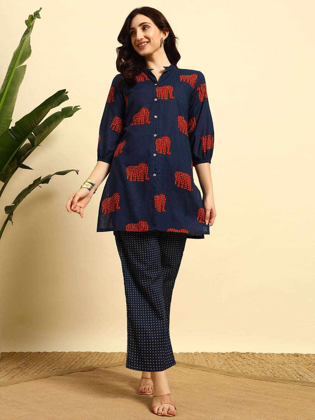 💙 Women’s Elephant Printed Kurta & Pant Co-Ord Set – Navy Blue