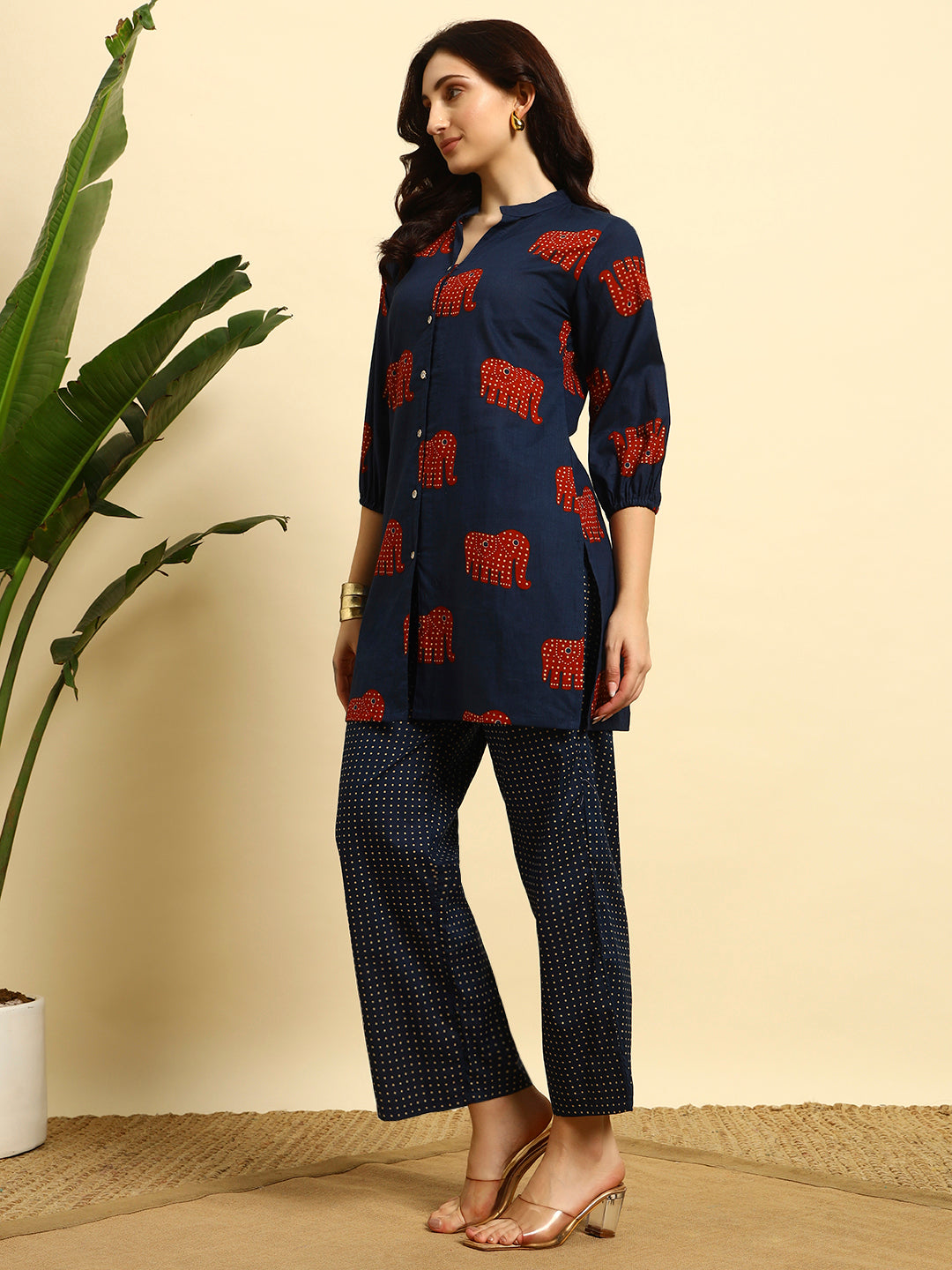 💙 Women’s Elephant Printed Kurta & Pant Co-Ord Set – Navy Blue