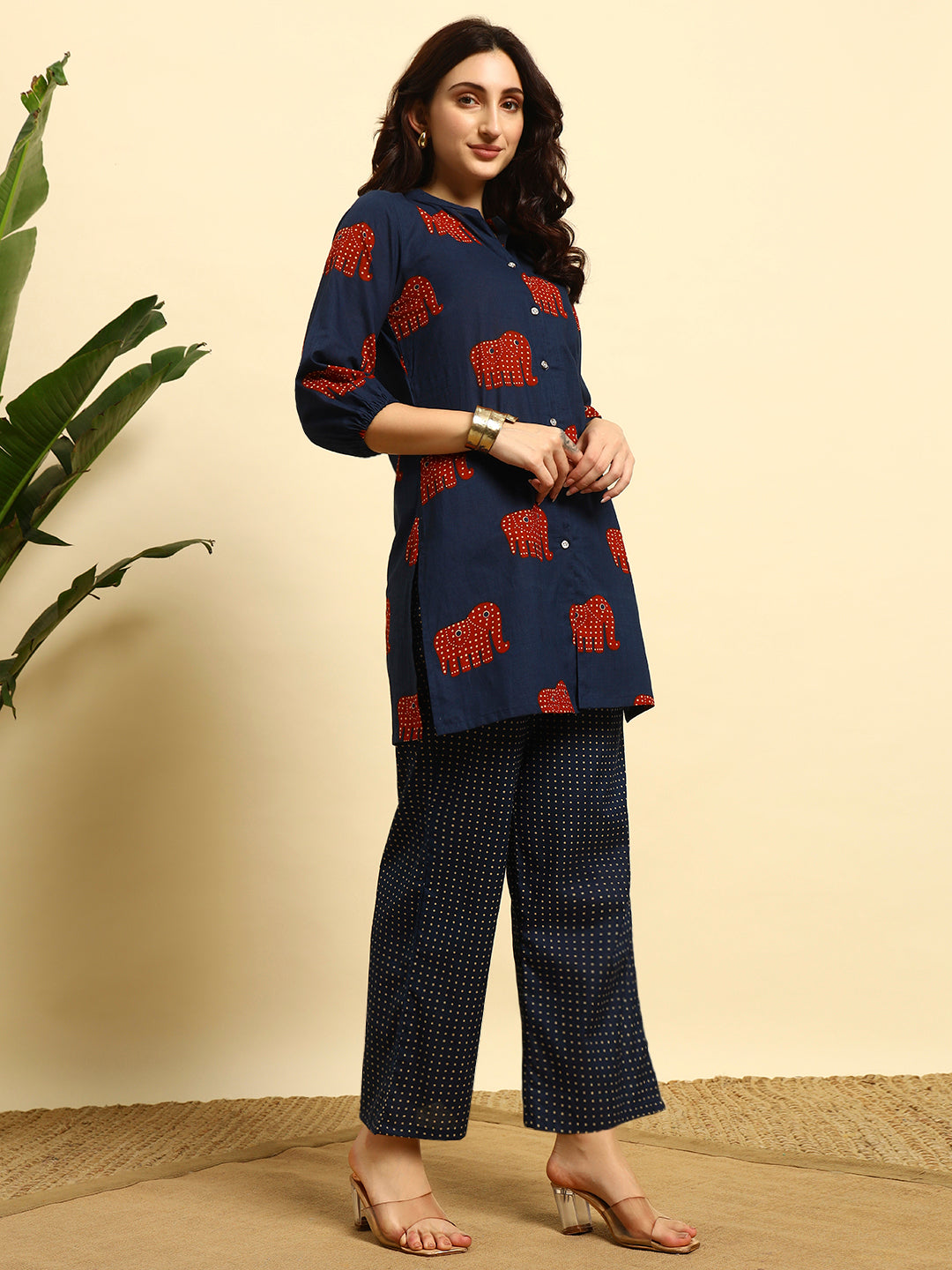 💙 Women’s Elephant Printed Kurta & Pant Co-Ord Set – Navy Blue