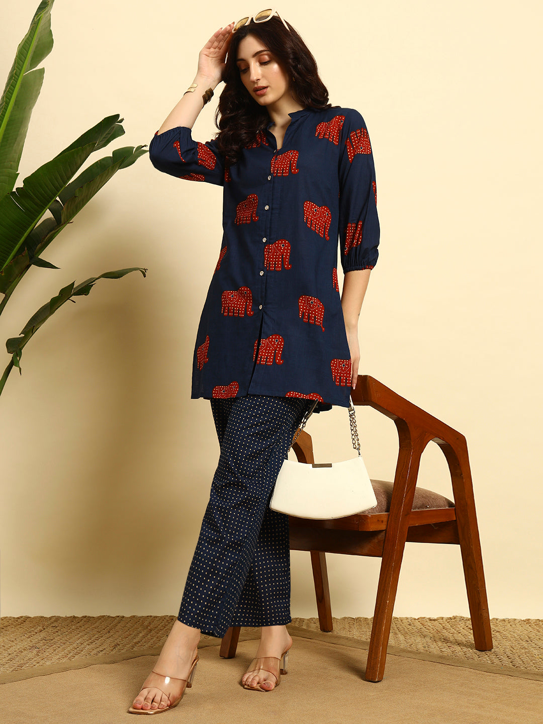💙 Women’s Elephant Printed Kurta & Pant Co-Ord Set – Navy Blue