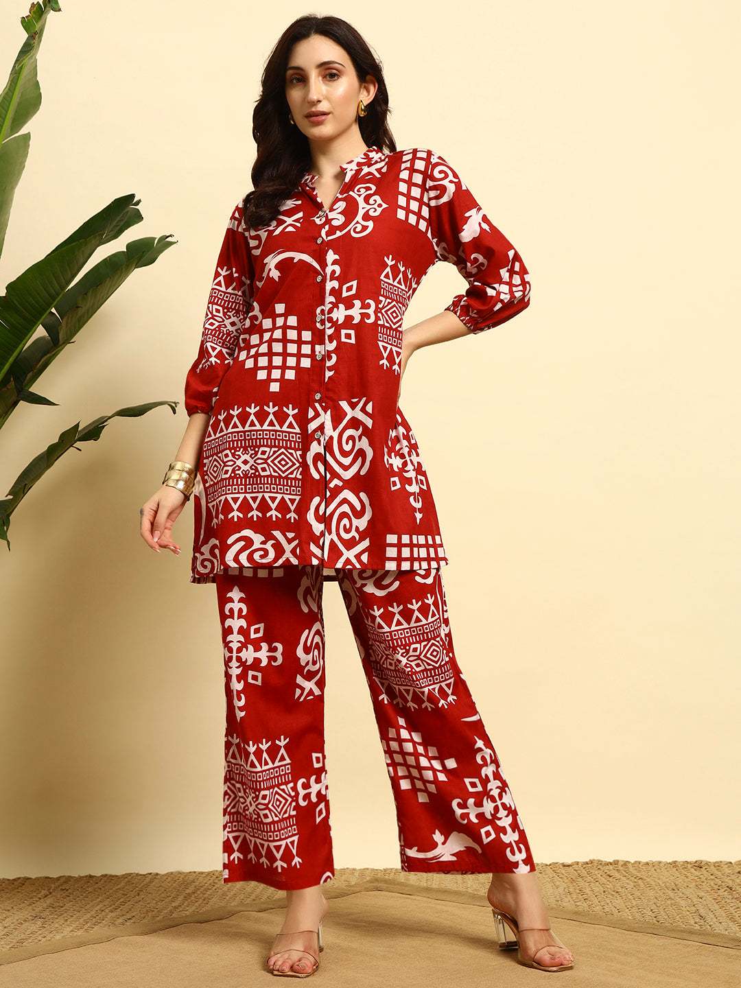 Women’s Red Abstract Printed Kurta Set with Pants