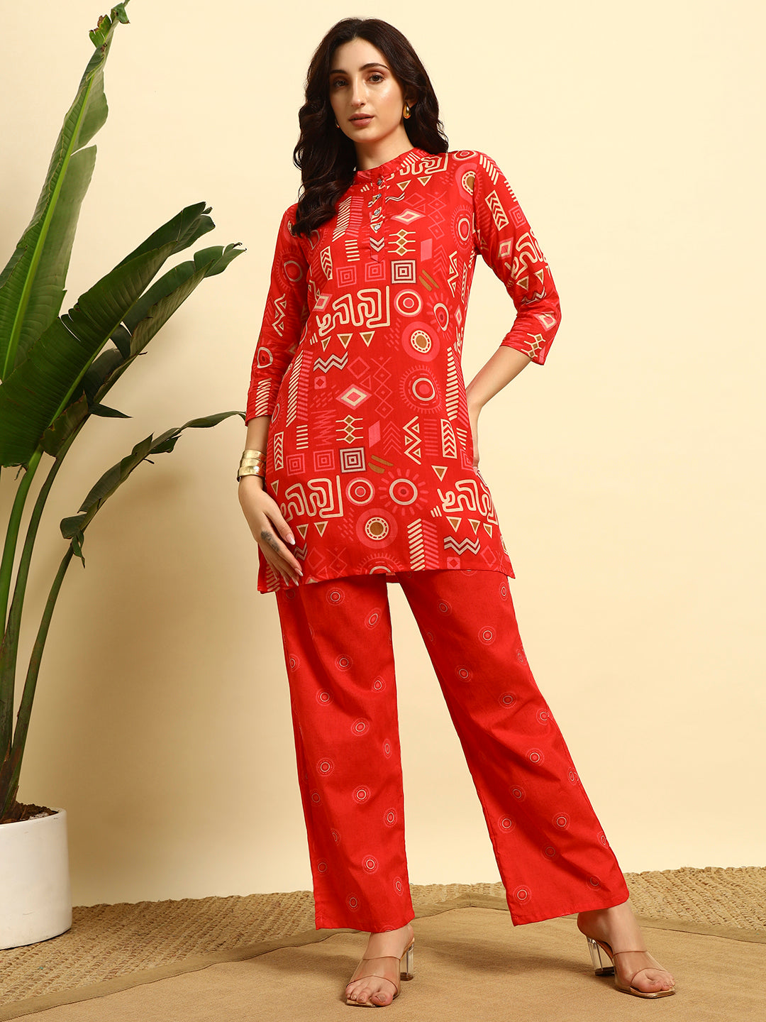 Red Geometric Printed Kurta & Pant Co-Ord Set for Women