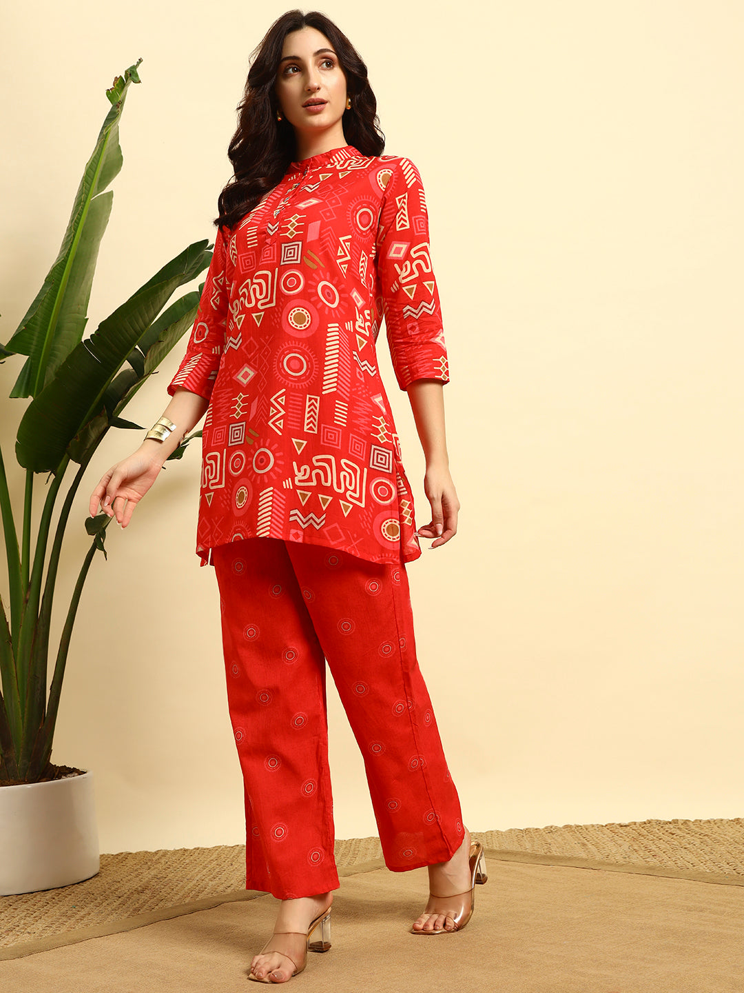 Red Geometric Printed Kurta & Pant Co-Ord Set for Women