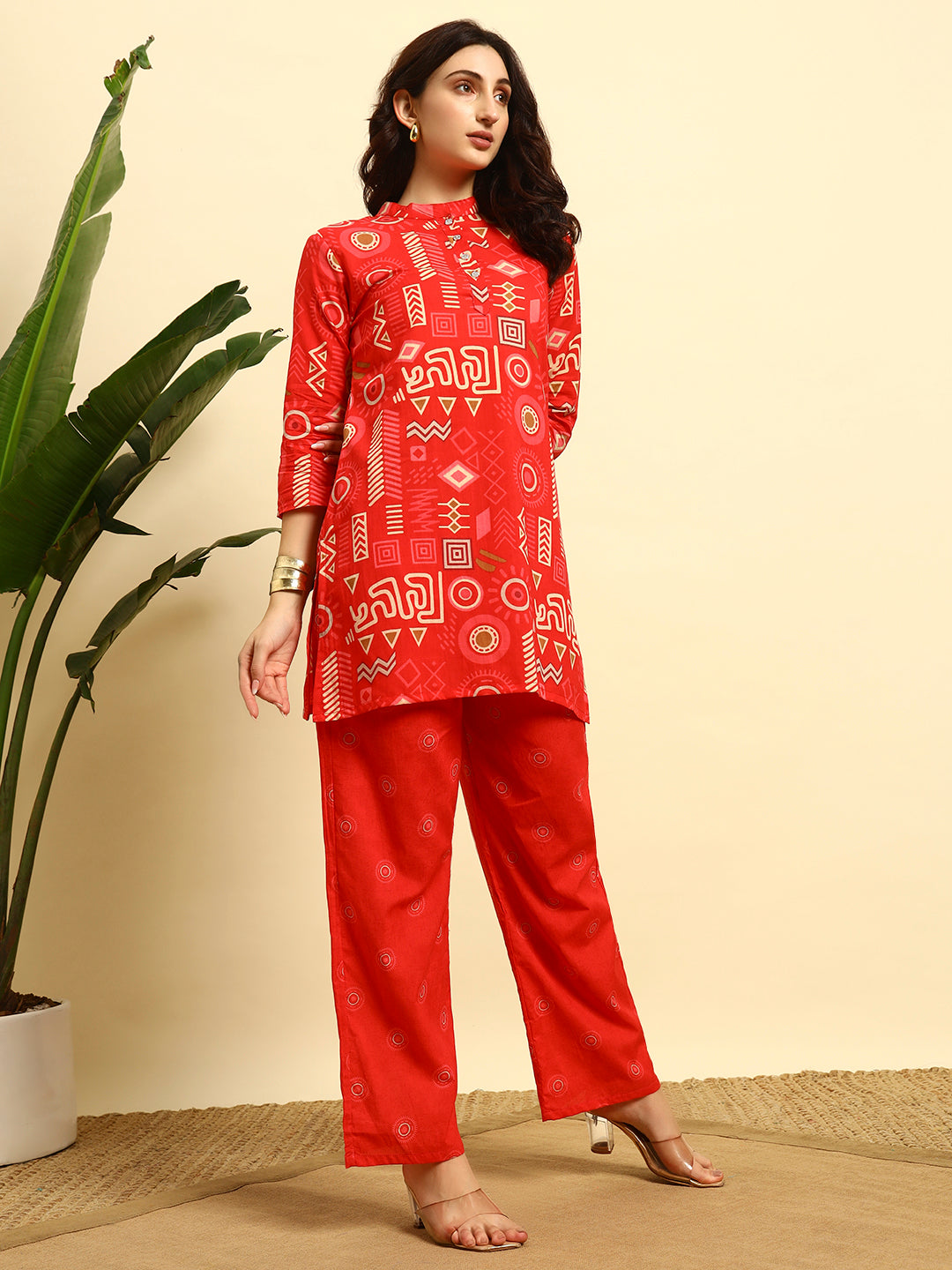Red Geometric Printed Kurta & Pant Co-Ord Set for Women