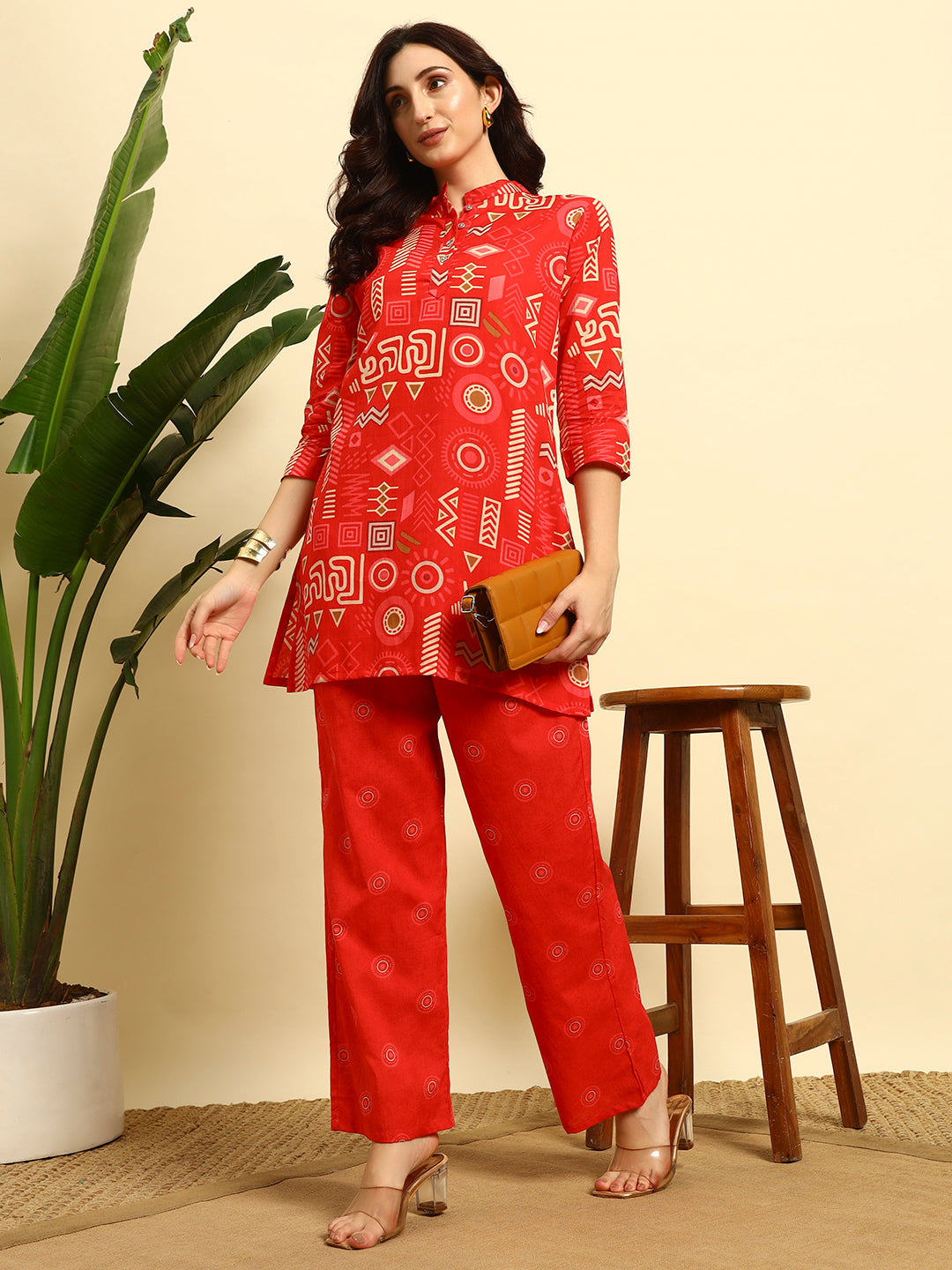 Red Geometric Printed Kurta & Pant Co-Ord Set for Women