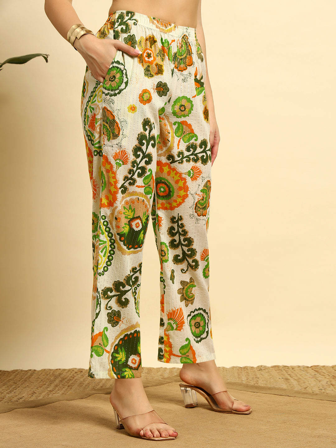 Women’s Cream & Green Printed Night Suit Co-Ord Set