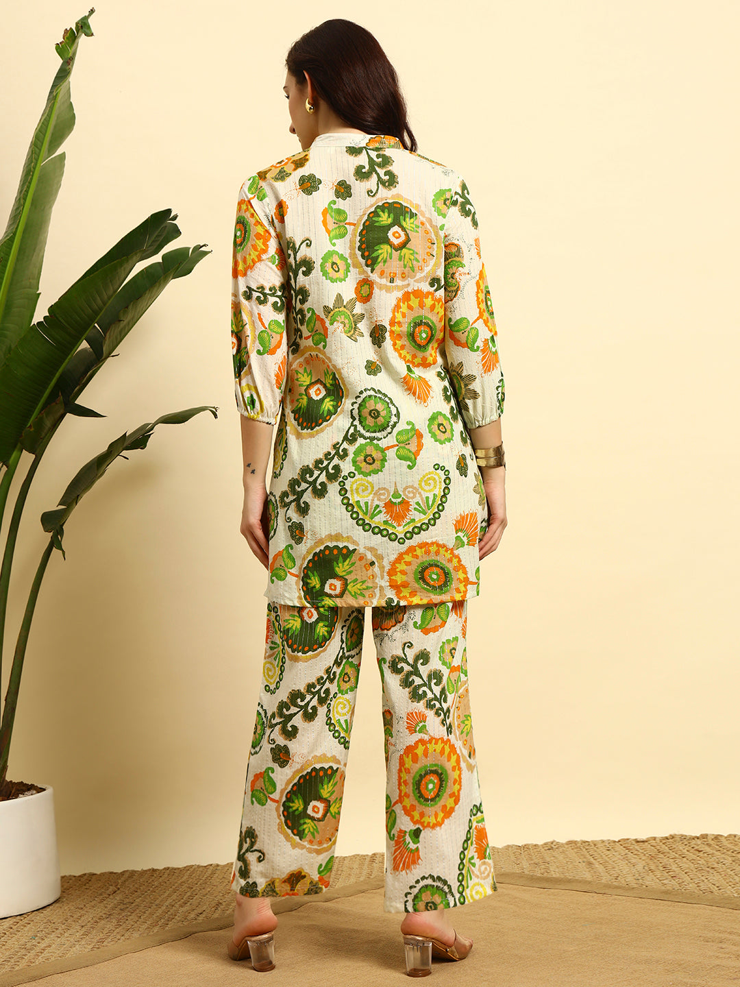 Women’s Cream & Green Printed Night Suit Co-Ord Set