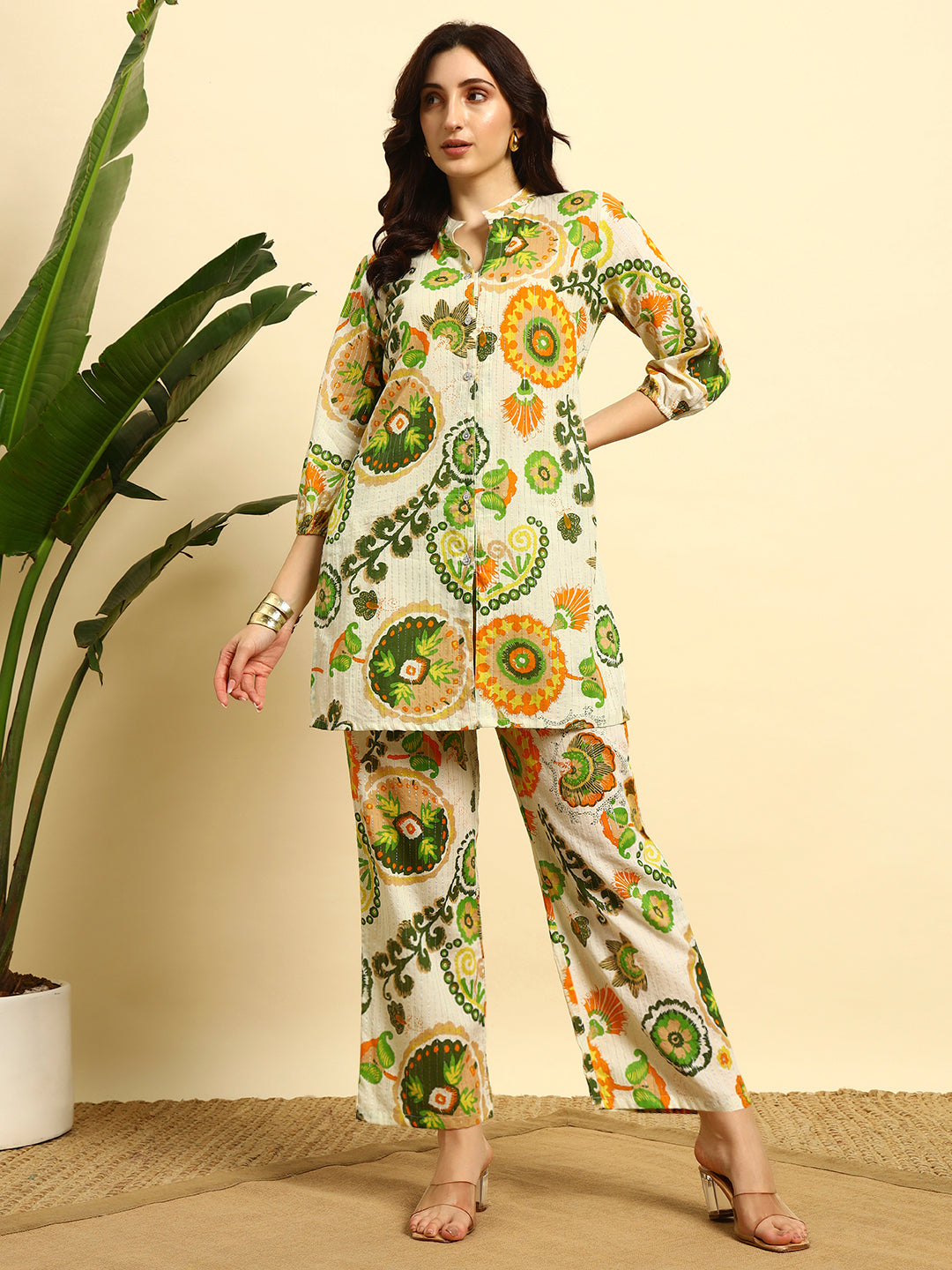 Women’s Cream & Green Printed Night Suit Co-Ord Set