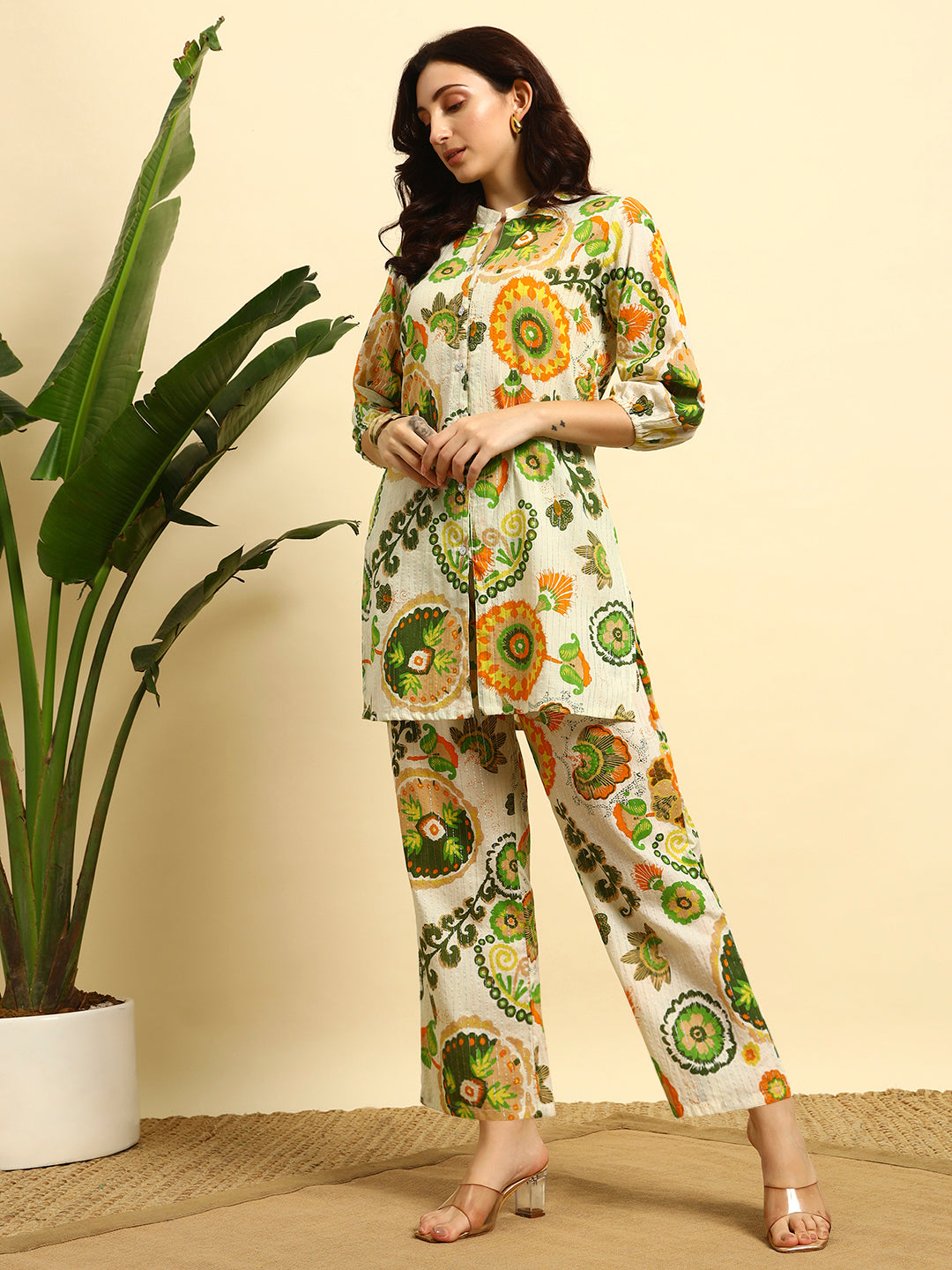 Women’s Cream & Green Printed Night Suit Co-Ord Set