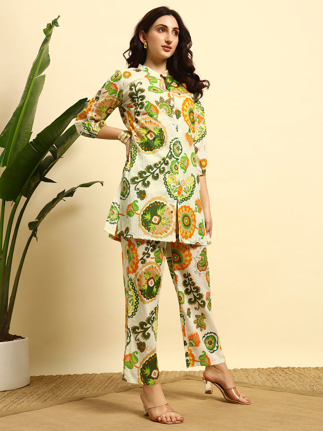 Women’s Cream & Green Printed Night Suit Co-Ord Set