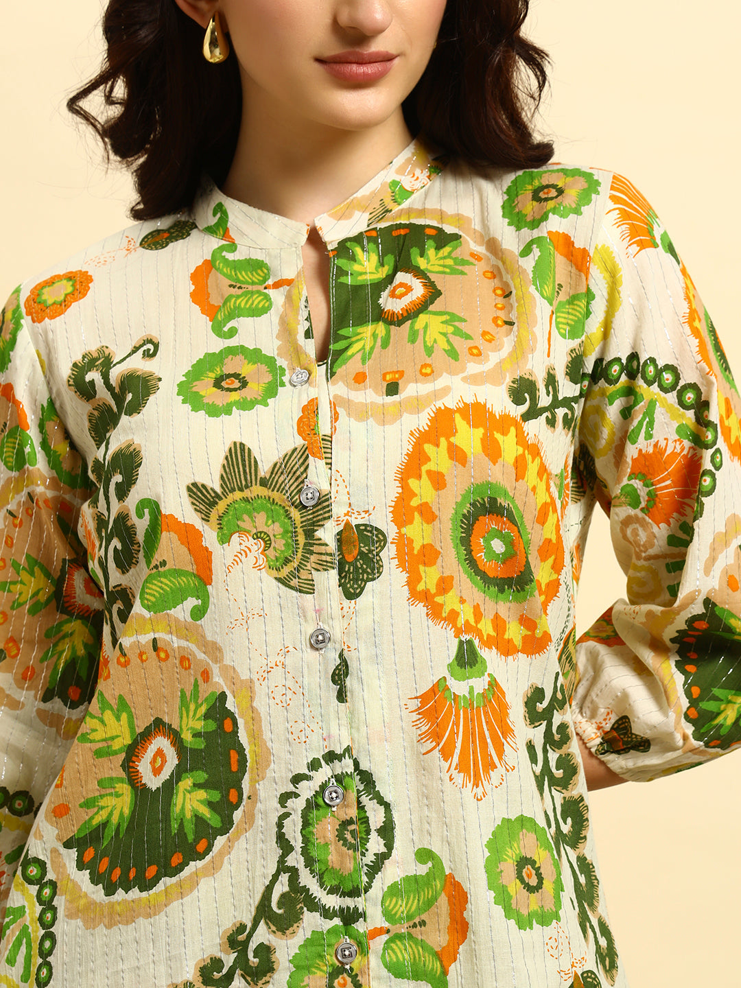 Women’s Cream & Green Printed Night Suit Co-Ord Set