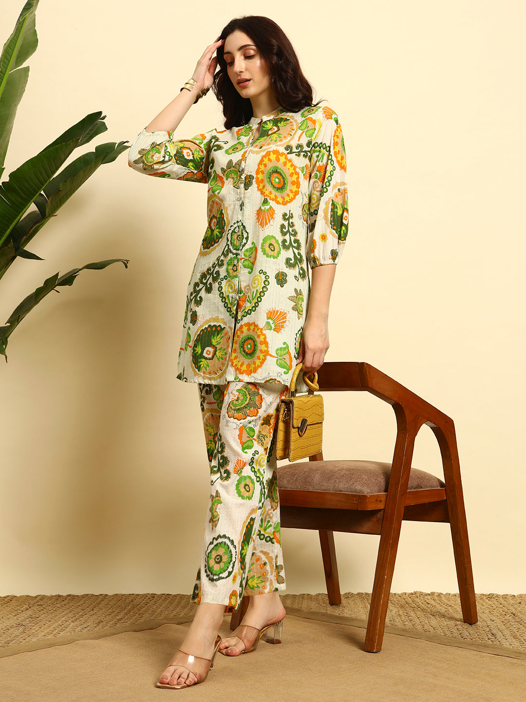 Women’s Cream & Green Printed Night Suit Co-Ord Set