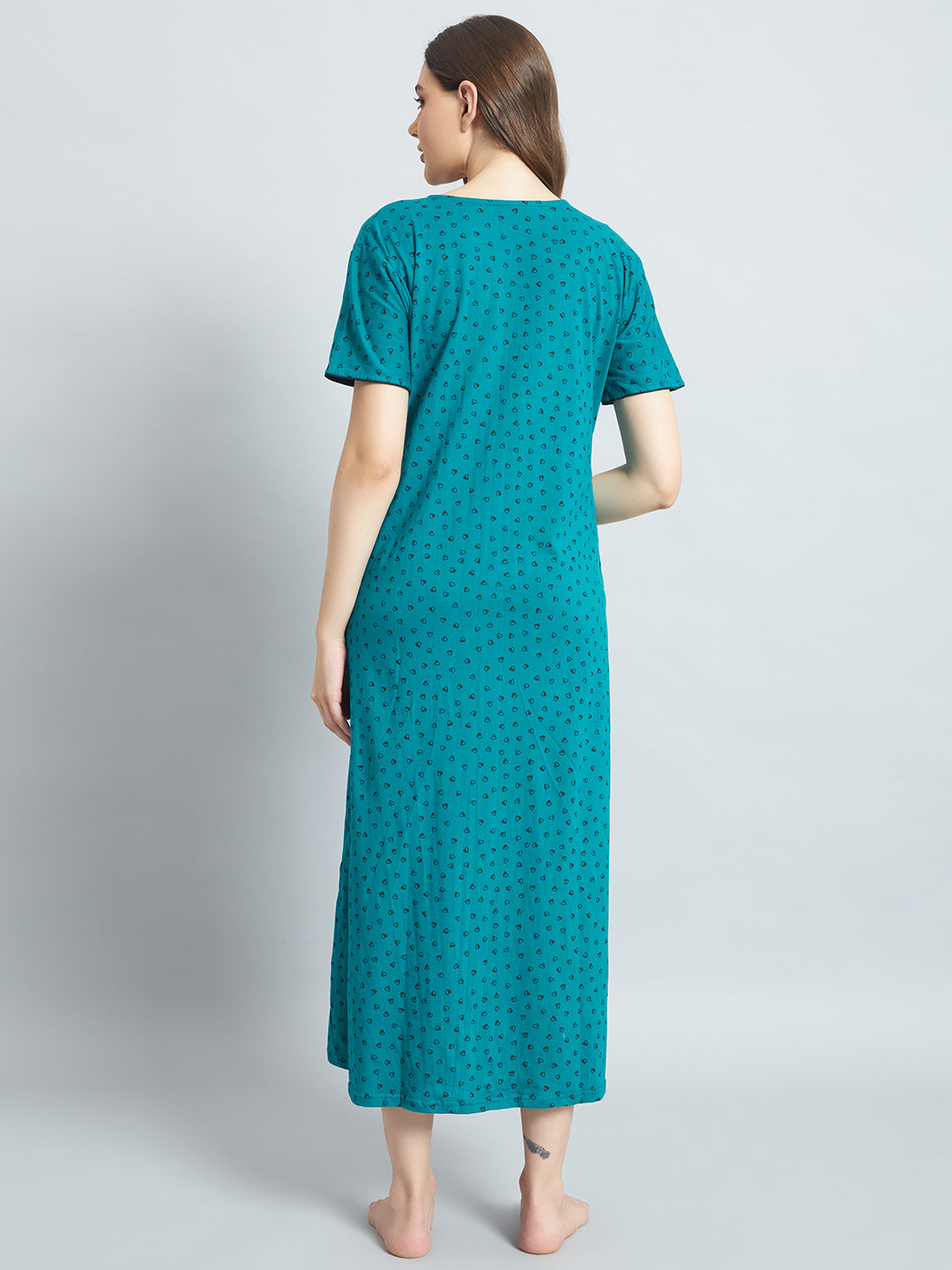 Teal Heart Printed Cotton Maxi Night Gown for Women
