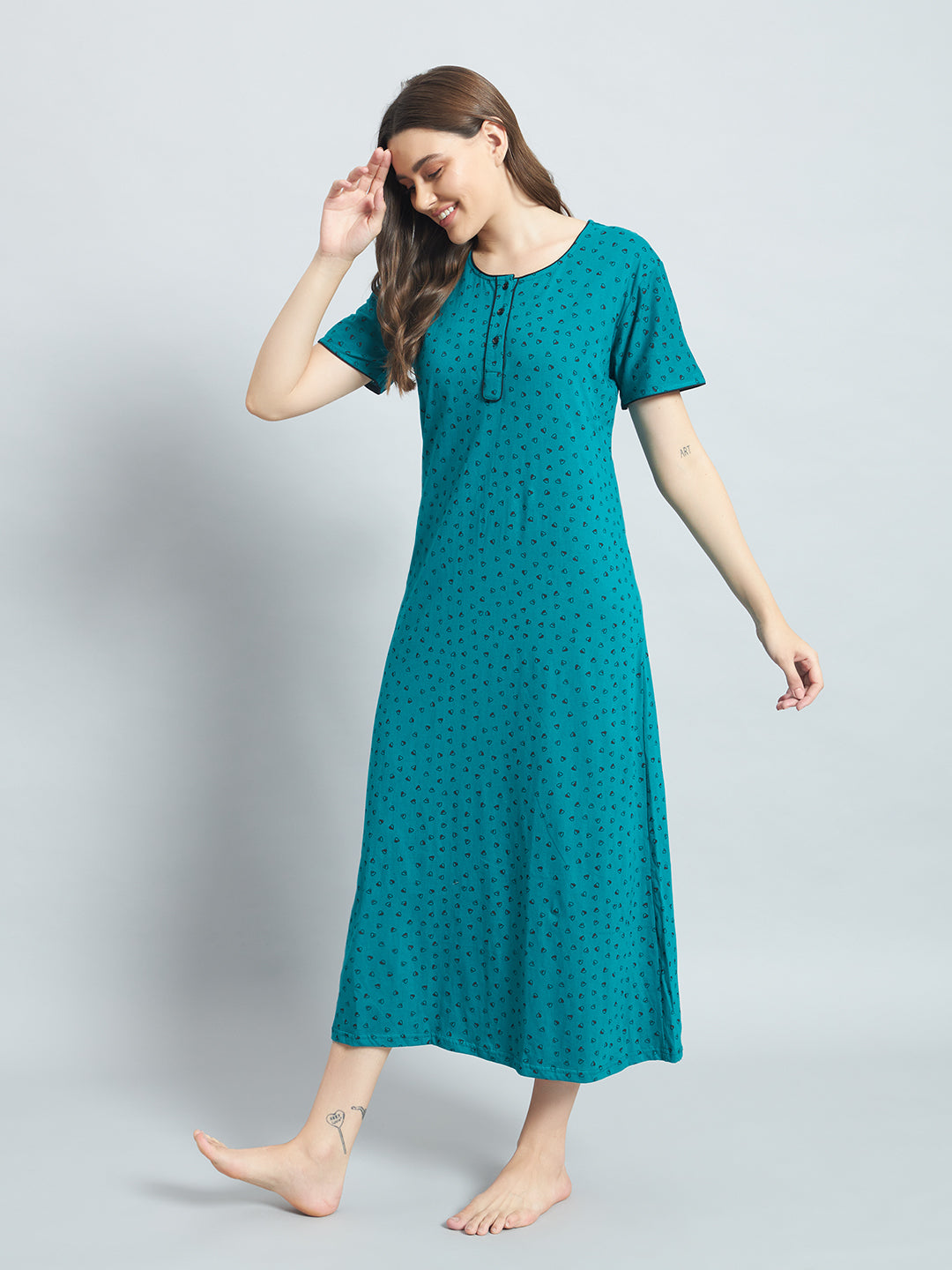 Teal Heart Printed Cotton Maxi Night Gown for Women