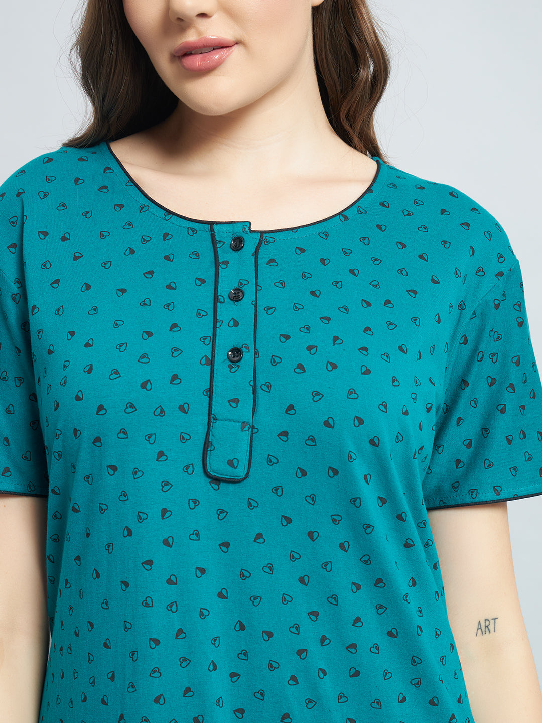 Teal Heart Printed Cotton Maxi Night Gown for Women