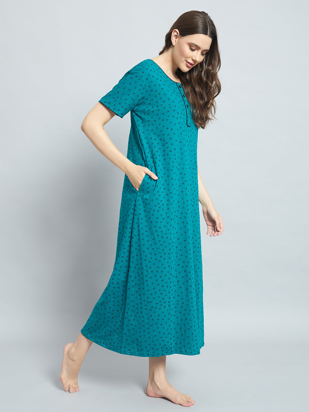 Teal Heart Printed Cotton Maxi Night Gown for Women