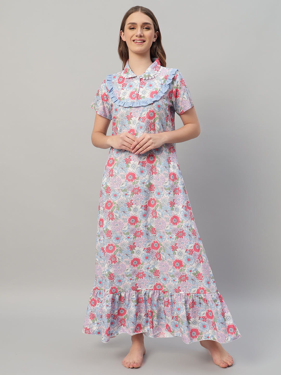 Elegant Multicolor Floral Cotton Nightdress with Frill Yoke – Soft & Breathable Sleepwear