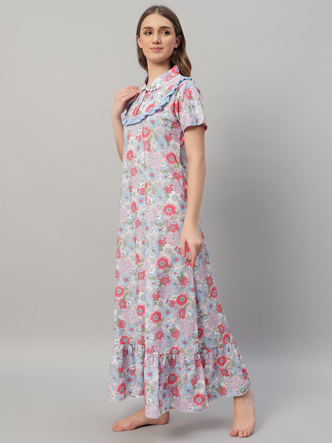 Elegant Multicolor Floral Cotton Nightdress with Frill Yoke – Soft & Breathable Sleepwear