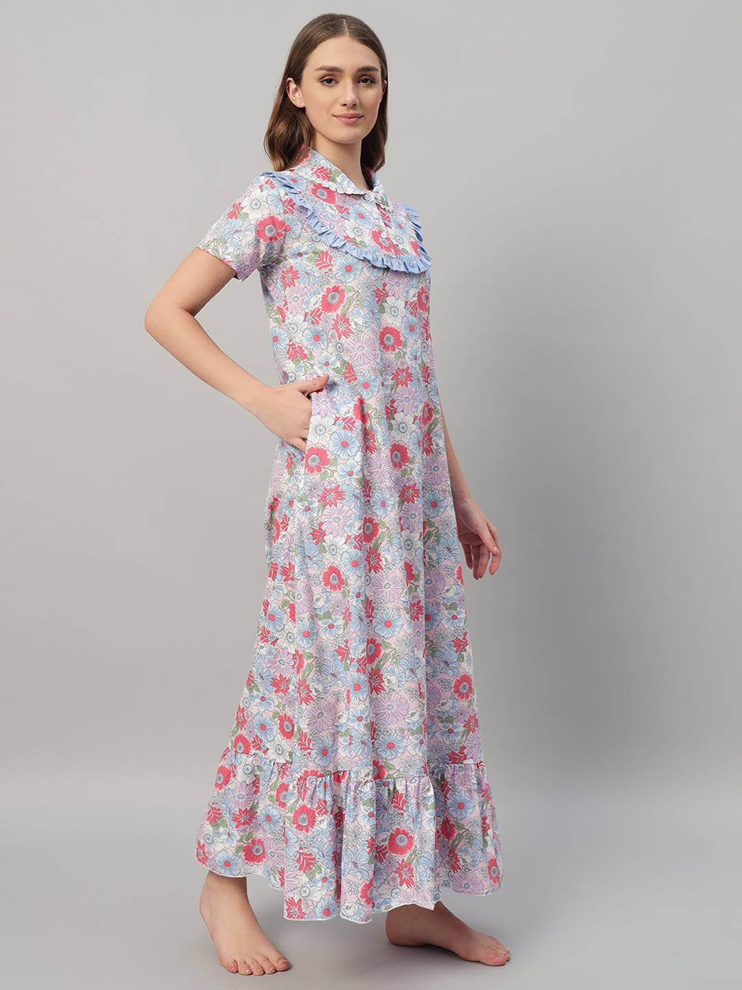 Elegant Multicolor Floral Cotton Nightdress with Frill Yoke – Soft & Breathable Sleepwear