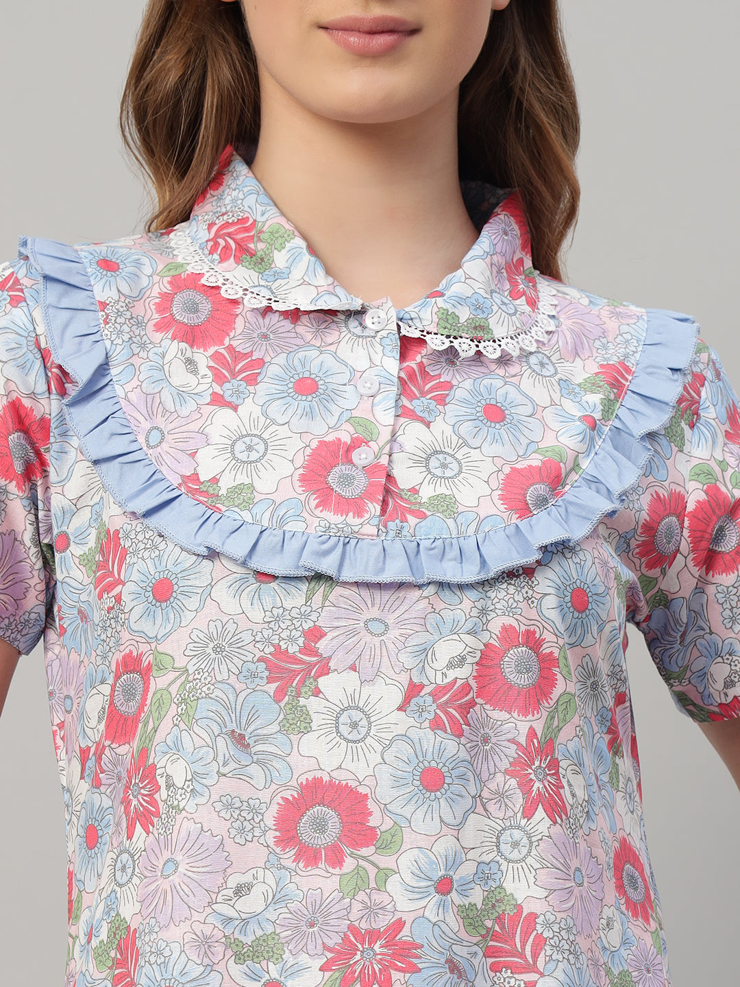 Elegant Multicolor Floral Cotton Nightdress with Frill Yoke – Soft & Breathable Sleepwear
