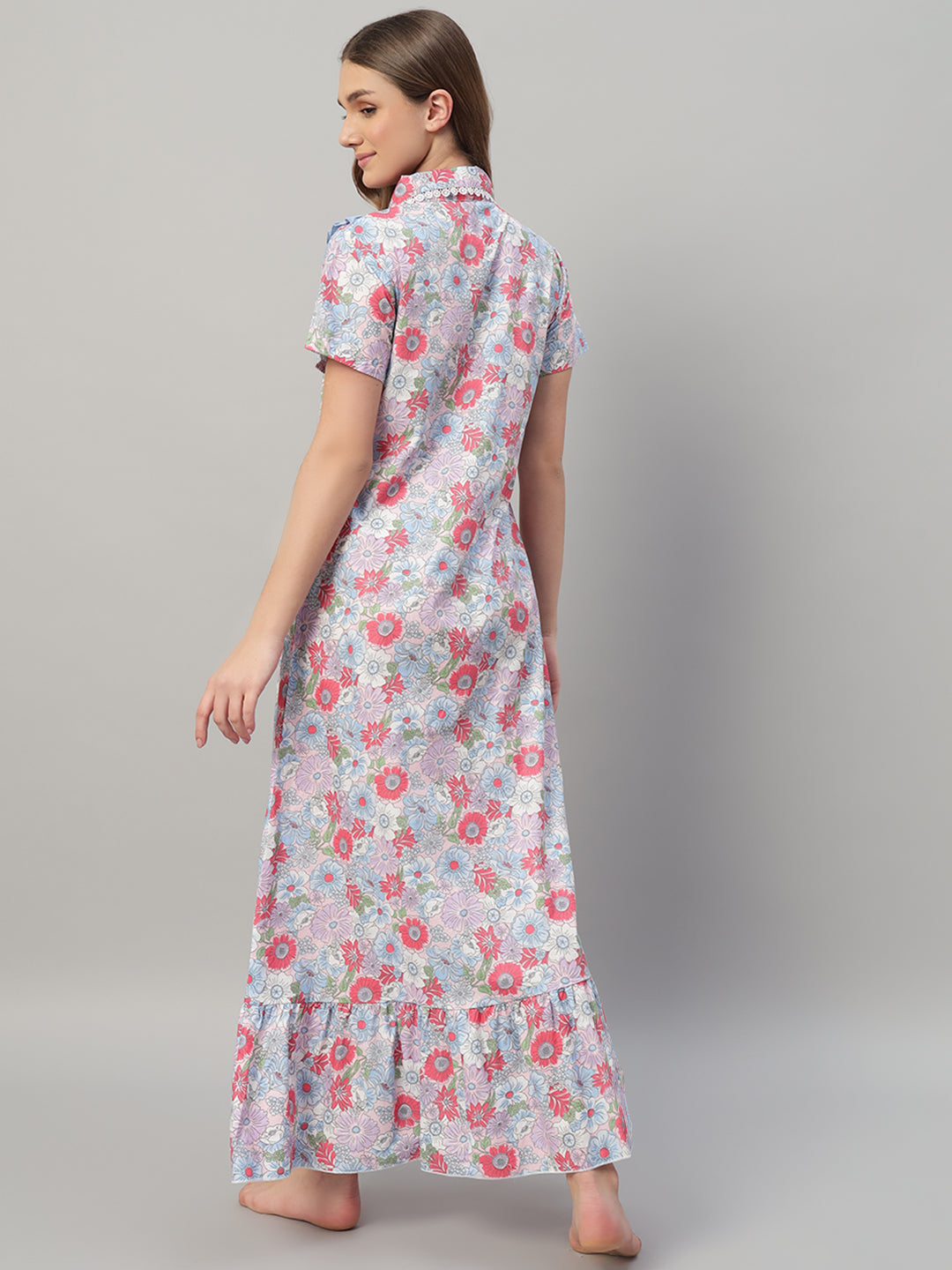 Elegant Multicolor Floral Cotton Nightdress with Frill Yoke – Soft & Breathable Sleepwear