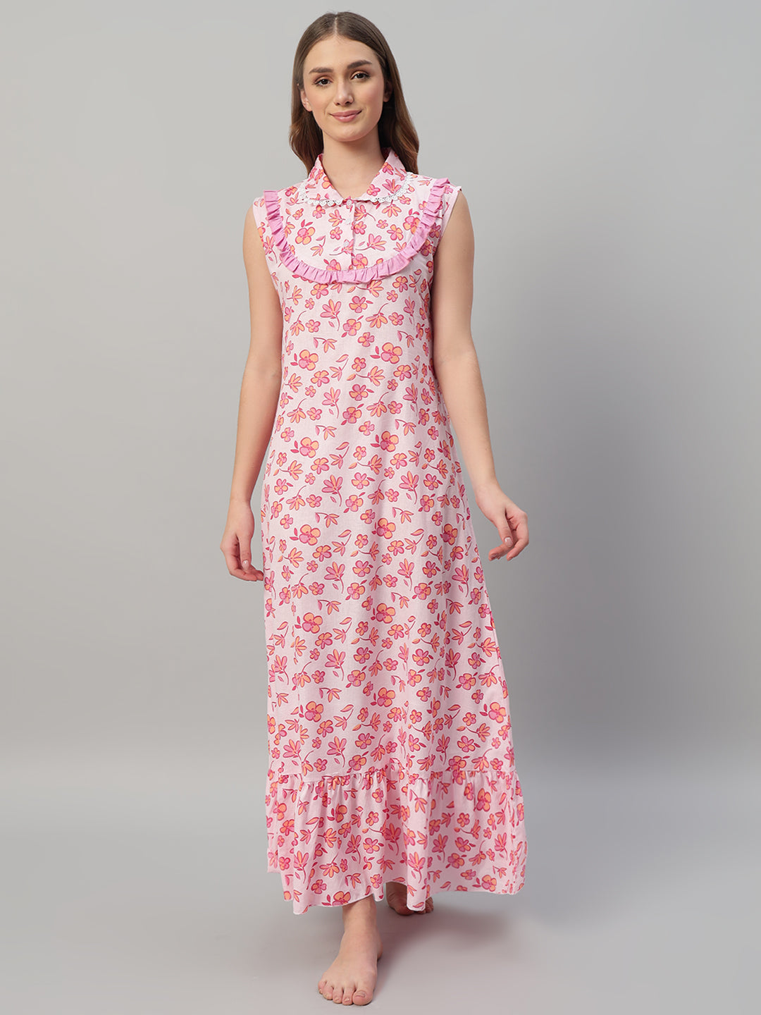 🌸 Pink Floral Printed Maxi Night Gown for Women – Sleeveless Ruffle Neck Comfortable Nightwear
