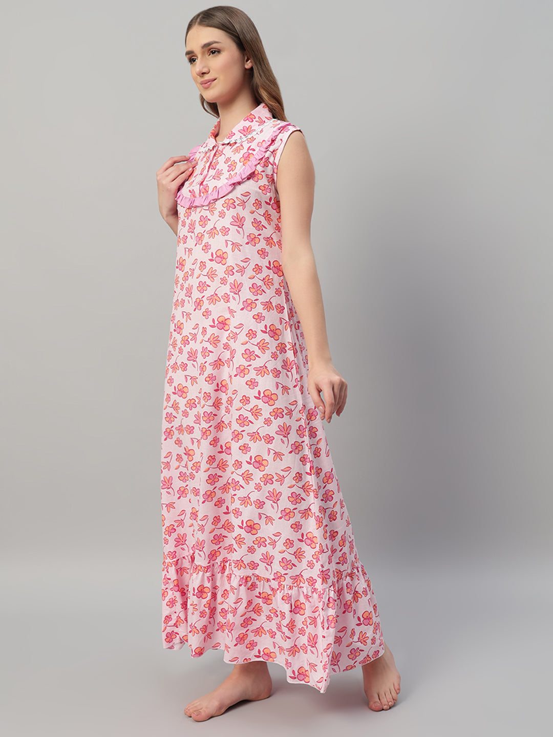 🌸 Pink Floral Printed Maxi Night Gown for Women – Sleeveless Ruffle Neck Comfortable Nightwear