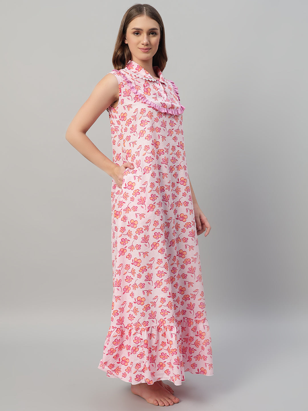 🌸 Pink Floral Printed Maxi Night Gown for Women – Sleeveless Ruffle Neck Comfortable Nightwear