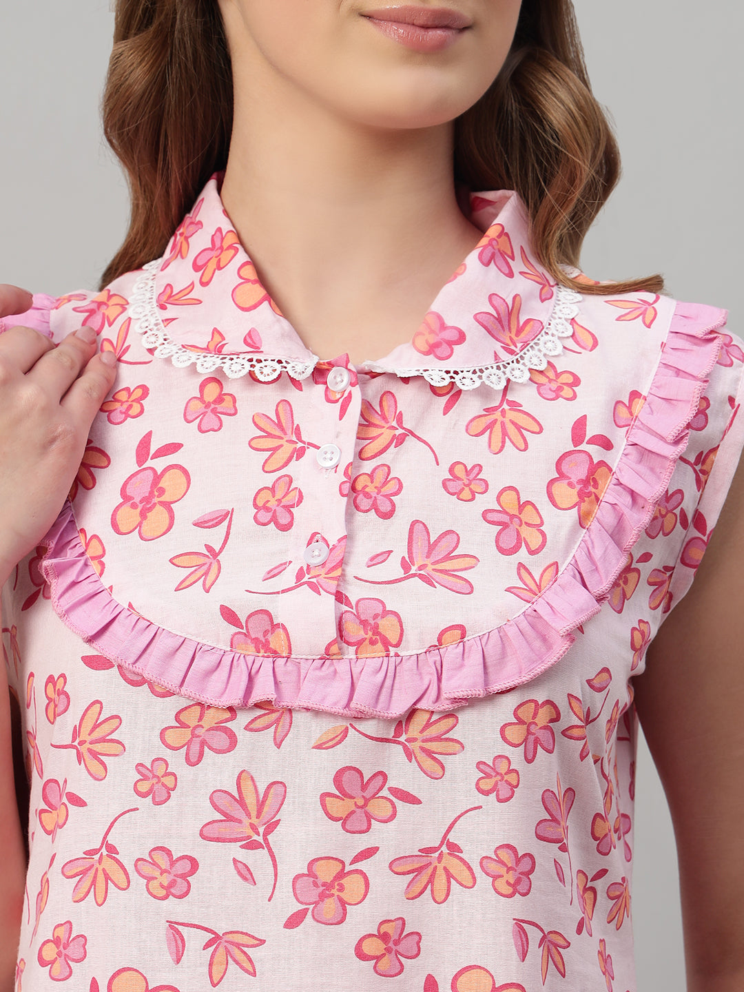 🌸 Pink Floral Printed Maxi Night Gown for Women – Sleeveless Ruffle Neck Comfortable Nightwear