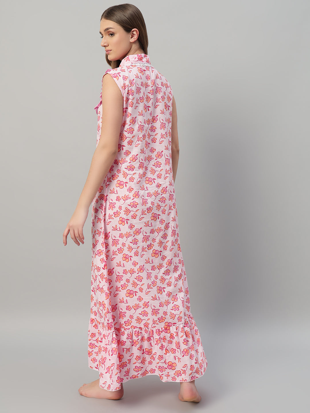 🌸 Pink Floral Printed Maxi Night Gown for Women – Sleeveless Ruffle Neck Comfortable Nightwear
