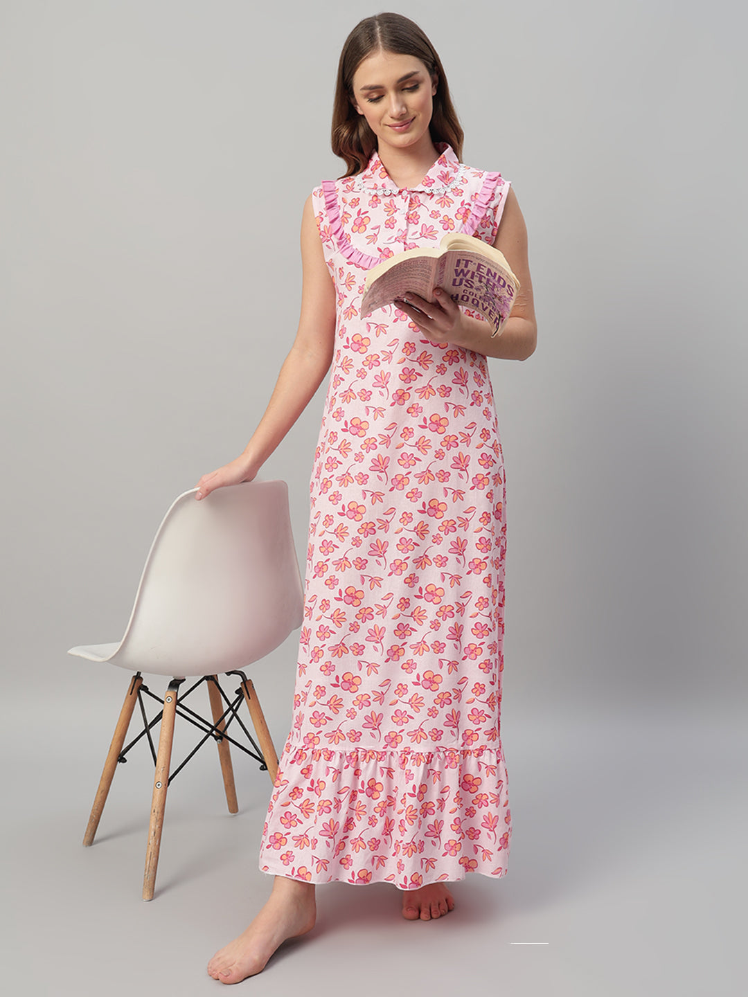🌸 Pink Floral Printed Maxi Night Gown for Women – Sleeveless Ruffle Neck Comfortable Nightwear