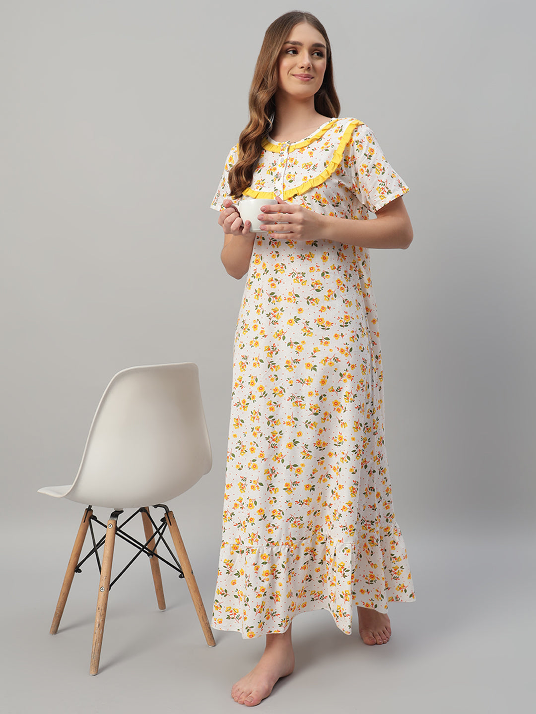 🤍 Yellow Floral Printed Cotton Night Gown with Frill Neck – Soft & Comfortable Maxi Nightwear for Women
