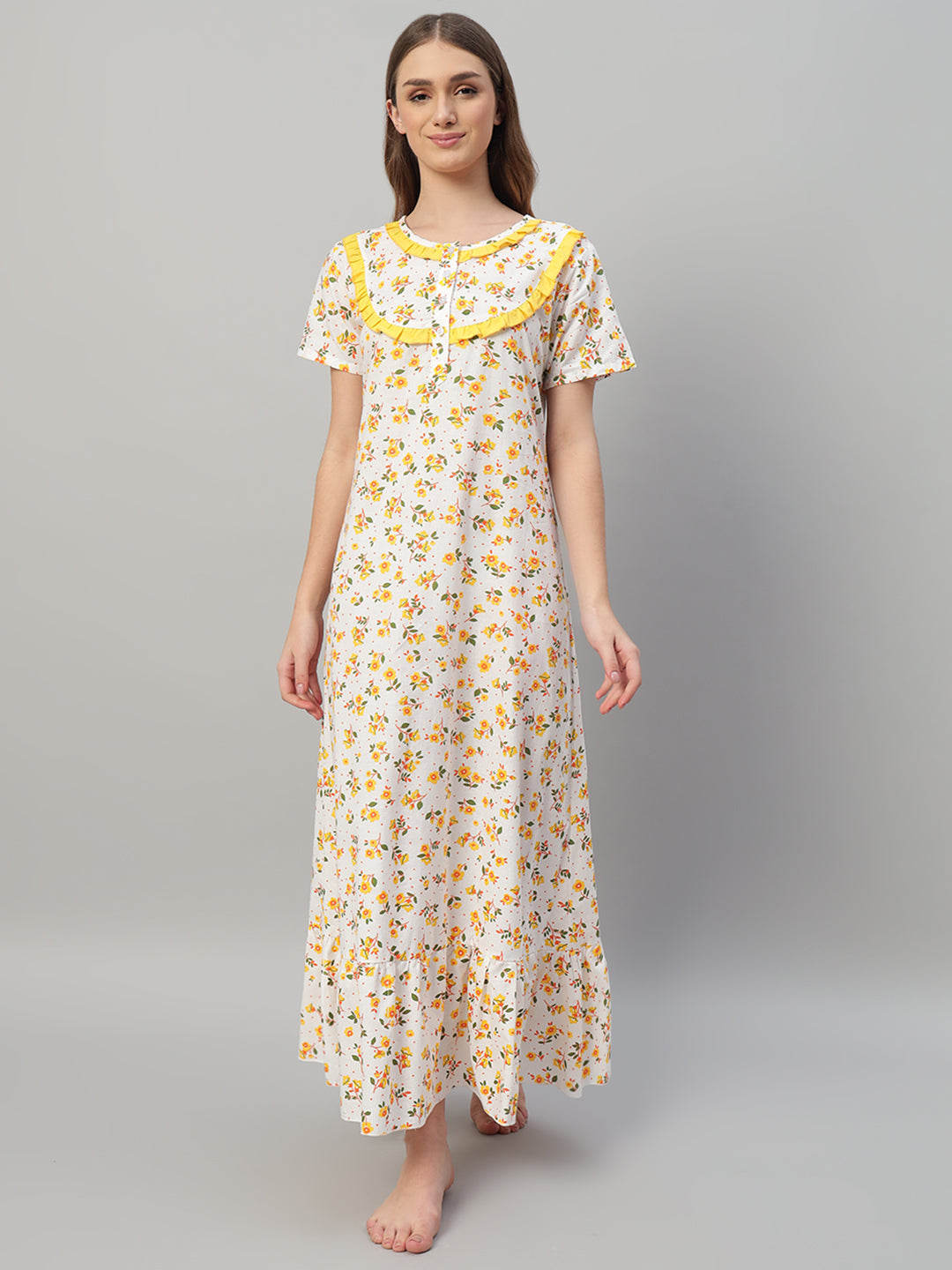 🤍 Yellow Floral Printed Cotton Night Gown with Frill Neck – Soft & Comfortable Maxi Nightwear for Women